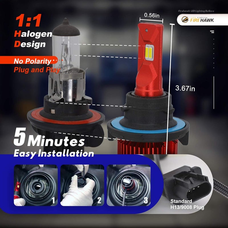 Firehawk 2026 New H13/9008 LED Bulbs 50000LM 700% Brighter 6000K Cool White Japanese Chips IP68 Waterproof Fog Light, Pack of 2 - Image 5